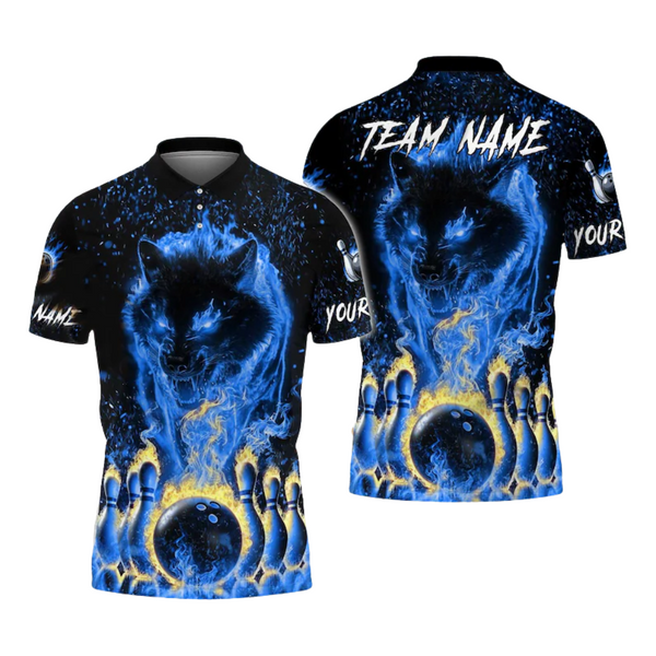 Custom Blue Flame Wolf Bowling Polo Shirt For Men, Custom Wolf Bowling Team Shirts BE0061