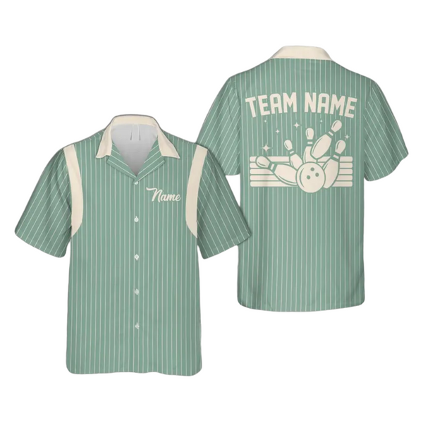Custom Striped Hawaiian Bowling Shirts Green For Men, Custom Bowling Team Shirts BE0065