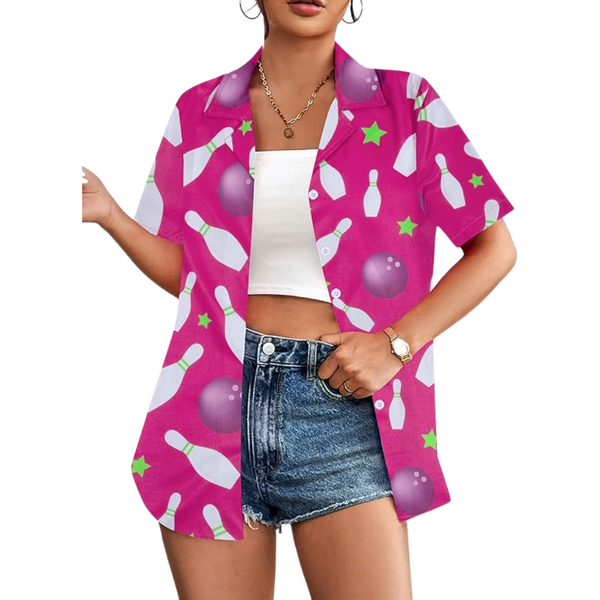 Pink Ladies Hawaiian Bowling Shirt, Womens Pink Bowling Shirts BZ0256