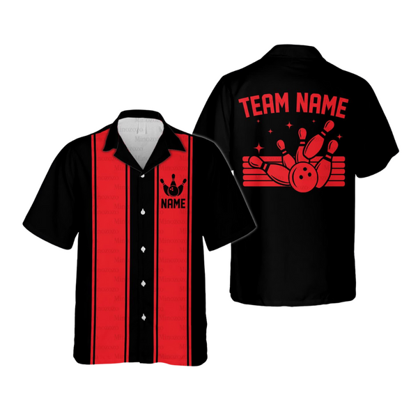 Red And Black Custom Mens Vintage Hawaiian Bowling Shirt, Custom Bowling Team Shirts BE0051