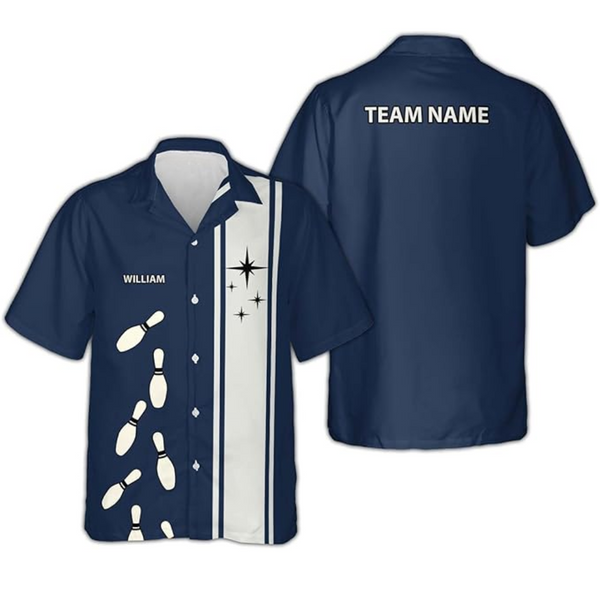 Blue And White Custom Bowling Hawaiian Shirt, Custom Blue And White Bowling Team Shirts BZ0215