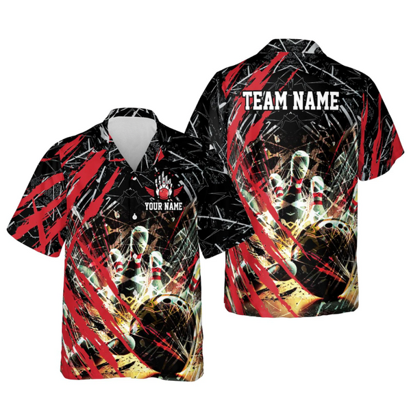 Custom Black And Red Scratches Bowling Hawaiian Shirts For Men, Custom Bowling Team Shirts BE0050