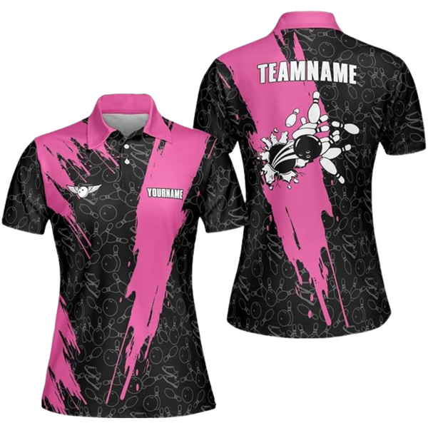 Custom Team Pink And Black Ladies Bowling Polo Shirts, Custom Women's Bowling Team Shirts  BZ0254