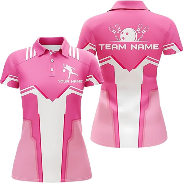 Custom Team Pink Ladies Bowling Polo Shirt, Custom Bowling Team Shirts For Women BZ0253