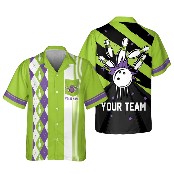 Custom Classic Lime Green Retro Bowling Hawaiian Shirts With Pockets Men, Custom Retro Bowling Team Shirts BE0069