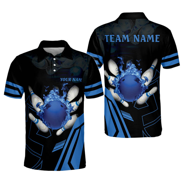 Custom Blue Flame Ball Bowling Polo Shirt For Men, Custom Bowling Team Shirts BZ0187