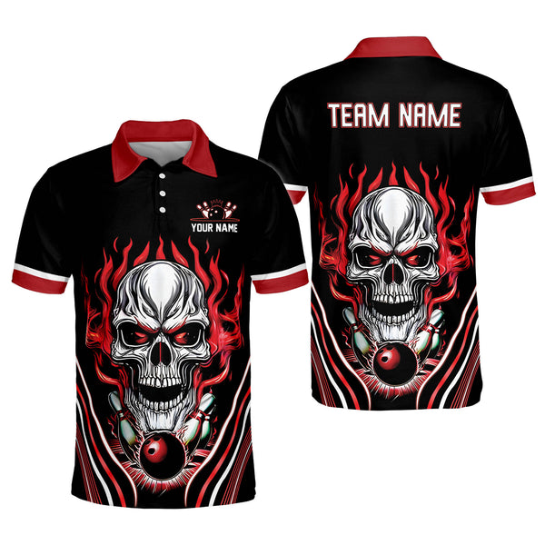 Custom Red Black Skull Bowling Polo Shirt For Men, Custom Skull Bowling Team Shirts BZ0220