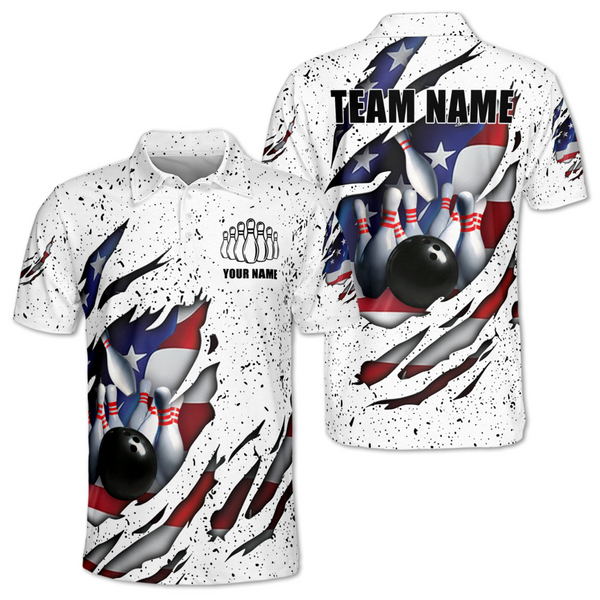 Custom American Flag White Bowling Polo Shirt For Mens, Custom Patriotic Bowling Team Shirts BM0339