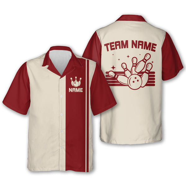 Custom Red And Beige Vintage Bowling Hawaiian Shirts Men's, Custom Bowling Team Shirts BZ0231