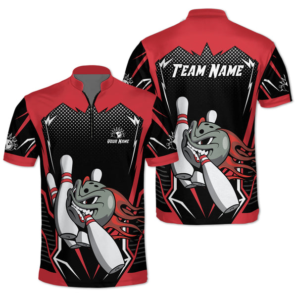 Custom Team Black And Red Bowling Jersey Shirt For Men, Custom Team Ball Flame Bowling Shirt BZ0042