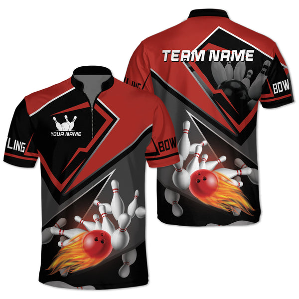 Custom Team Black And Red Bowling Jersey Shirt For Men, Custom Flame Ball Team Bowling Shirt BZ0032