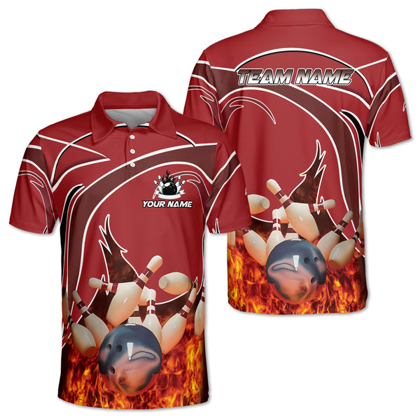 Custom Red Flame Bowling Polo Shirt For Men, Custom Bowling Team Shirts BM0318