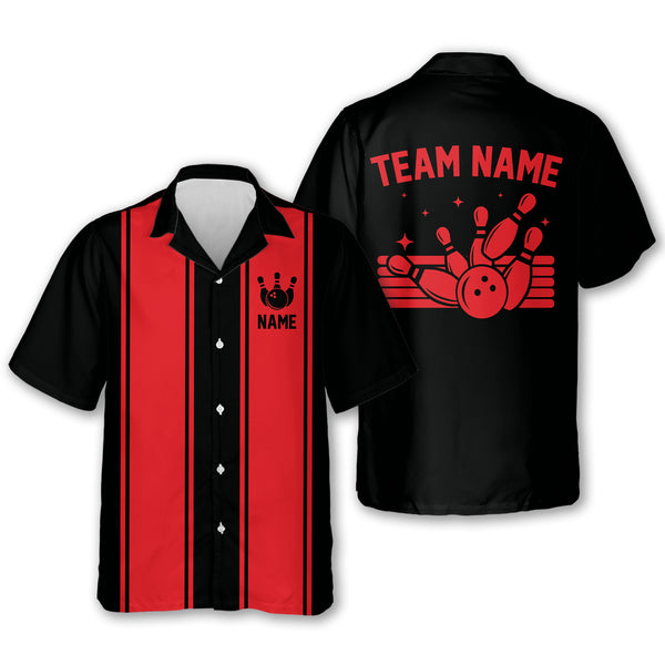 Red And Black Custom Mens Vintage Hawaiian Bowling Shirt, Custom Bowling Team Shirts BE0051