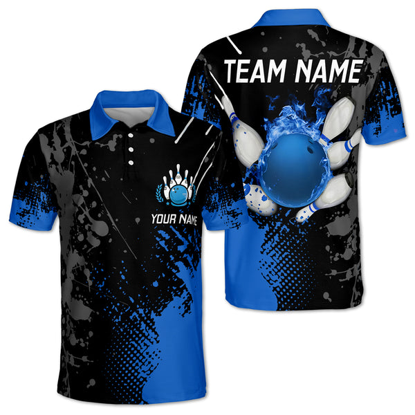 Custom Black And Blue Flame Ball Bowling Polo Shirt For Men, Custom Bowling Team Shirts BZ0086