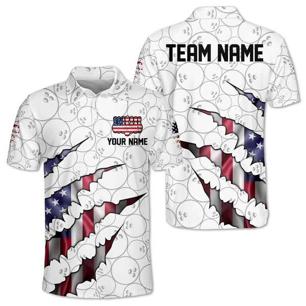 Custom White Patriotic Bowling Polo Shirts For Men, Custom 4th Of July Bowling Team Shirts BM0329