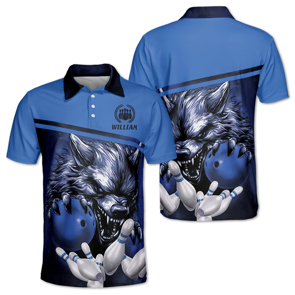 Custom Wolf Bowling Polo Shirt For Men, Custom Blue Bowling Team Shirts BZ0198