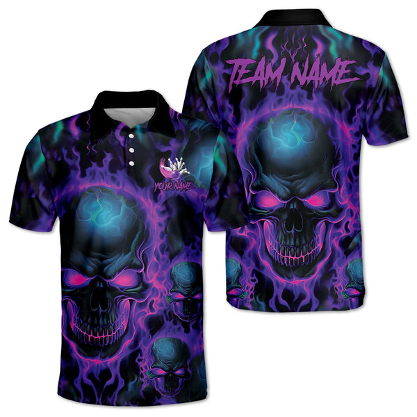 Custom Skull Bowling Polo Shirt For Men, Custom Purple Flame Skull Bowling Team Shirts BM0315