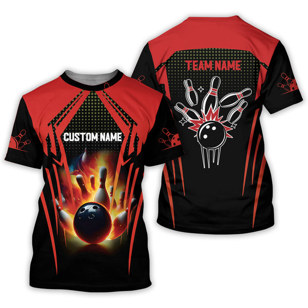 Custom Black And Red Flame Bowling T Shirt For Men, Custom Flame Bowling Shirt BZ0092
