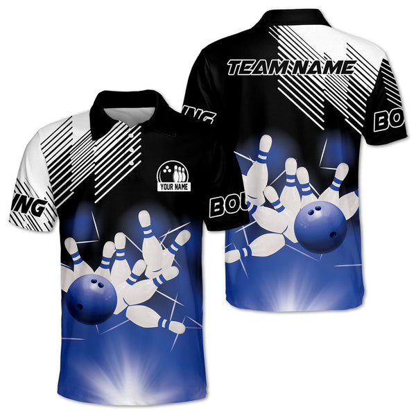 Custom Team Blue And Black Bowling Polo Shirt For Men, Custom Bowling Shirt BZ0164