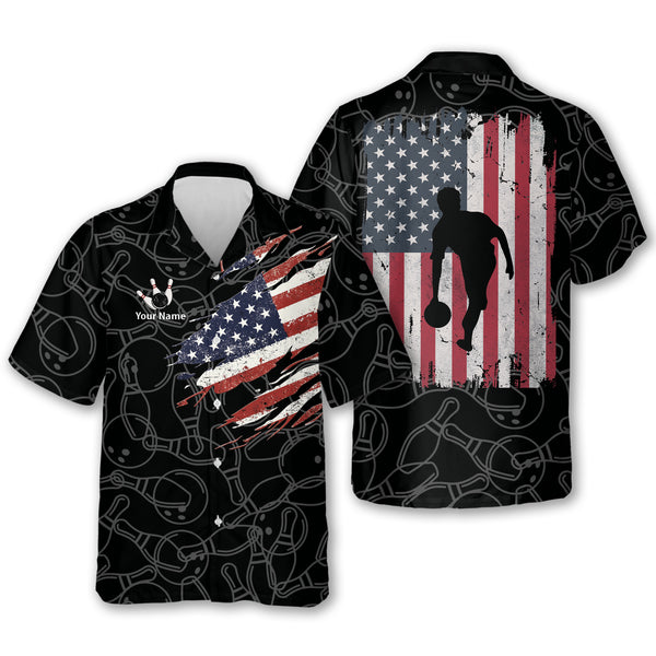 Custom American Flag Bowling Hawaiian Shirts For Men, Custom Patriotic Bowling Shirts HB0182