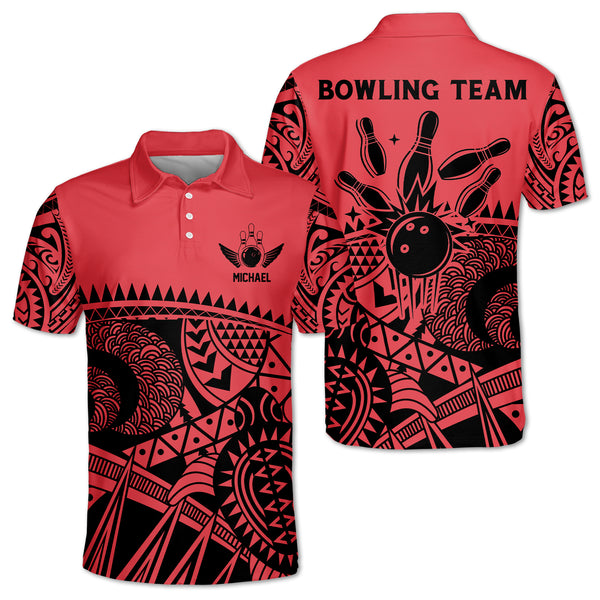 Custom Red Tribal Bowling Polo Shirt For Men, Custom Tribal Bowling Team Shirts BZ0203
