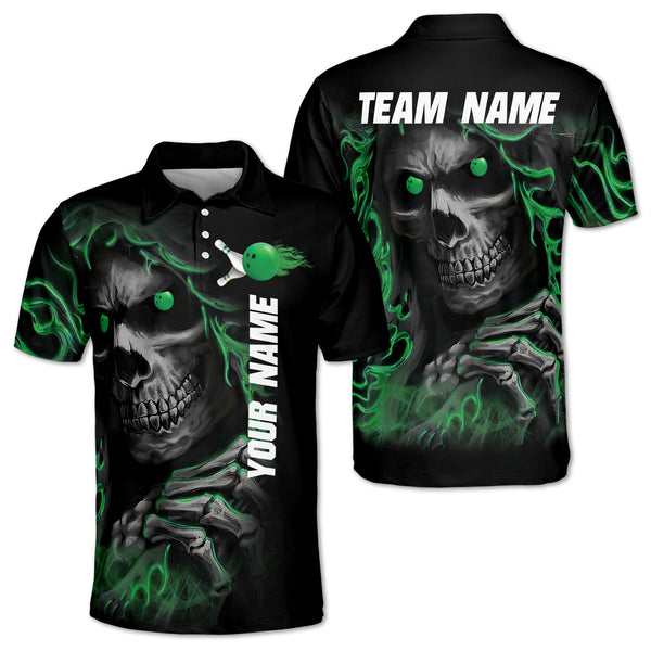 Custom Skull Bowling Polo Shirt For Men, Custom Black And Green Skull Bowling Team Shirt BZ0009