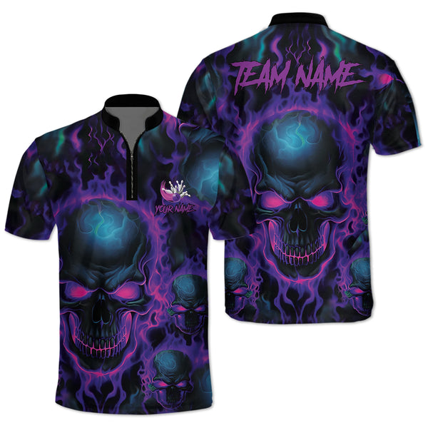 Custom Skull Bowling Jersey Shirt For Men, Custom Purple Flame Skull Bowling Team Shirts BZ0142