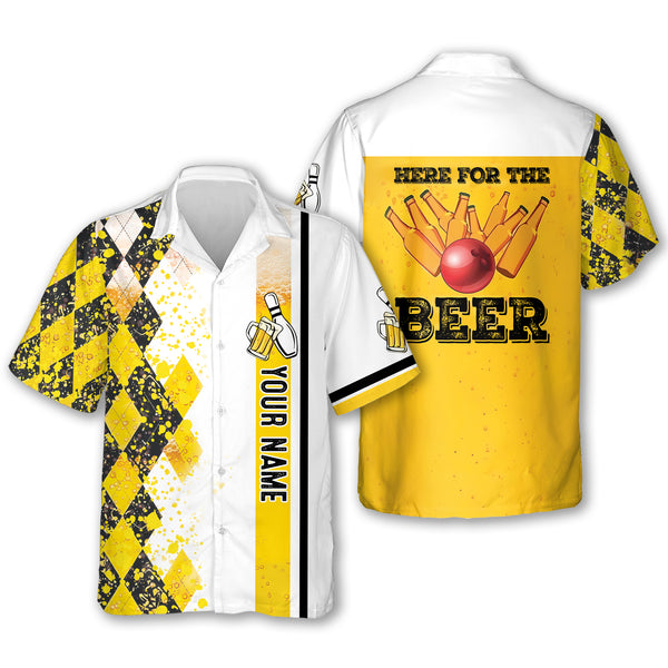 Custom Heer For The Beer Bowling Hawaiian Shirt For Men, Custom White And Yellow Beer Bowling Shirt BZ0159