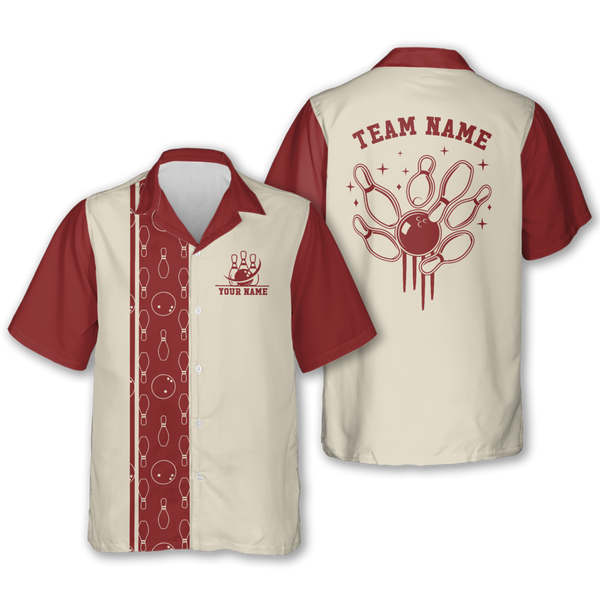 Red And Beige Custom Retro Hawaiian Bowling Shirt For Mens, Custom Retro Bowling Team Shirts HB0187