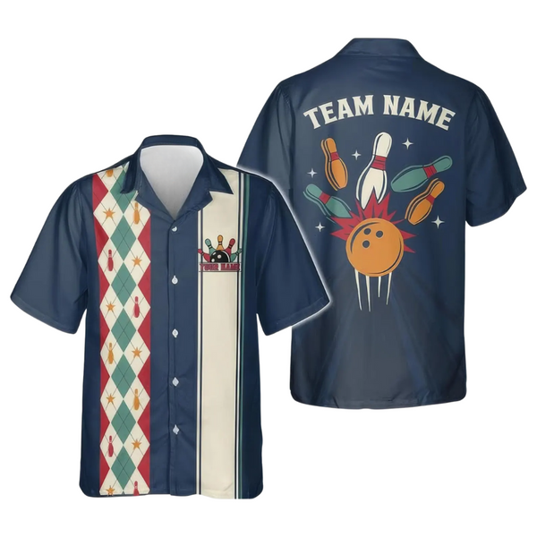 Custom Mens Navy Blue Retro Hawaiian Bowling Shirts, Custom Retro Bowling Team Shirts BE0068