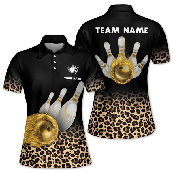 Custom Leopard Flame Ball Bowling Polo Shirt For Ladies, Women's Custom Leopard Bowling Team Shirts BW0163