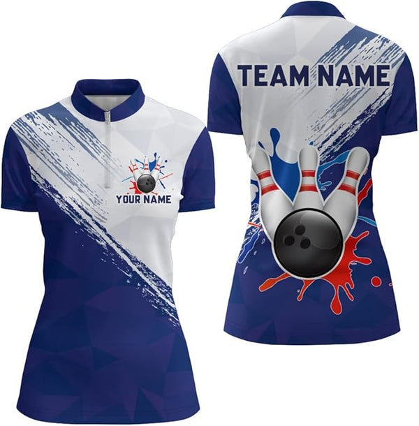 Custom Women's Bowling Jerseys, Custom White And Blue Team Bowling Jersey Shirt For Women, Custom Women's Bowling Team Shirts BZ0062