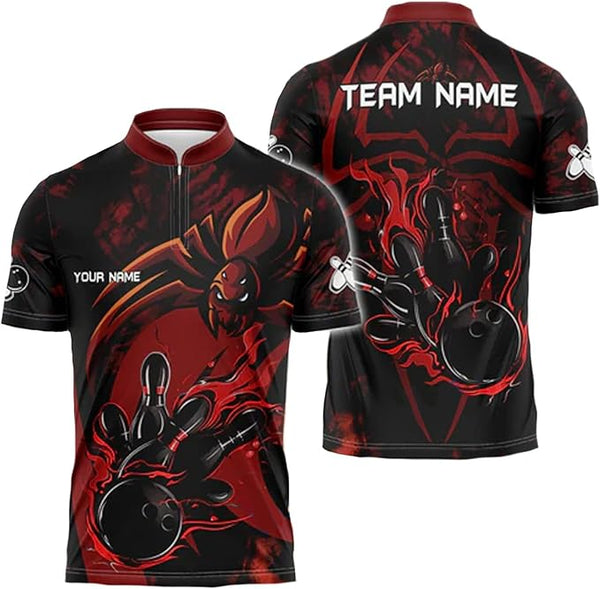 Custom Spider Red And Black Bowling Jersey Shirt For Men, Custom Spider Bowling Team Shirts BZ0242