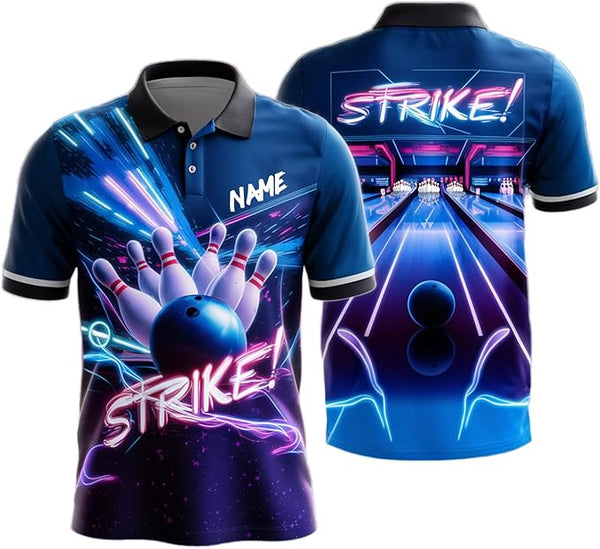 Custom Blue Bowling Polo Shirt For Men, Custom Blue Bowling Shirt BZ0219