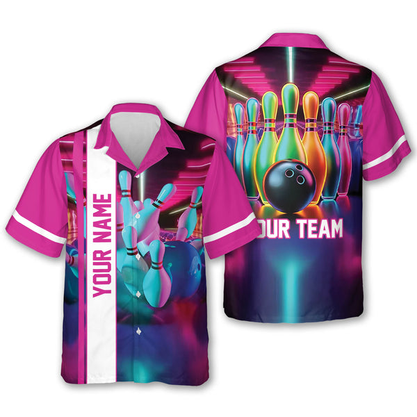 Custom Pink Retro Bowling Hawaiian Shirts For Men, Custom Bowling Team Shirts BE0027