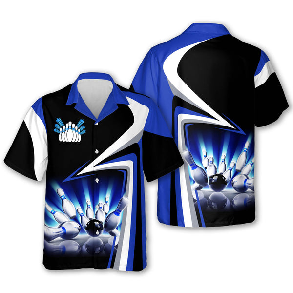 Blue And Black Hawaiian Bowling Shirts For Men, Blue and Black Bowling Shirt BE0063