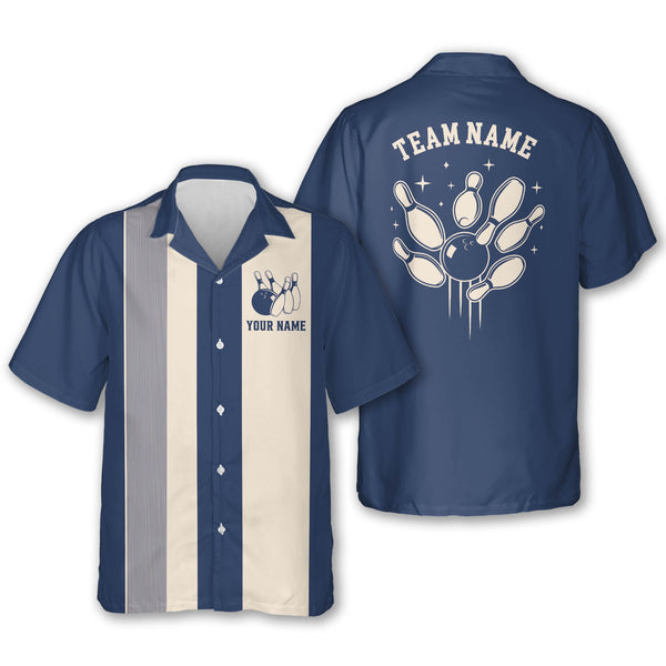 Custom Navy Blue Vintage Hawaiian Bowling Shirts Mens, Custom Vintage Bowling Team Shirts BE0067