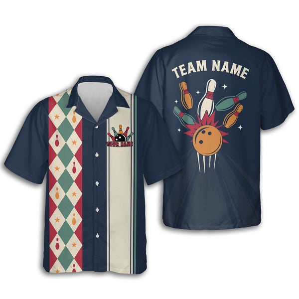 Custom Mens Navy Blue Retro Hawaiian Bowling Shirts, Custom Retro Bowling Team Shirts BE0068