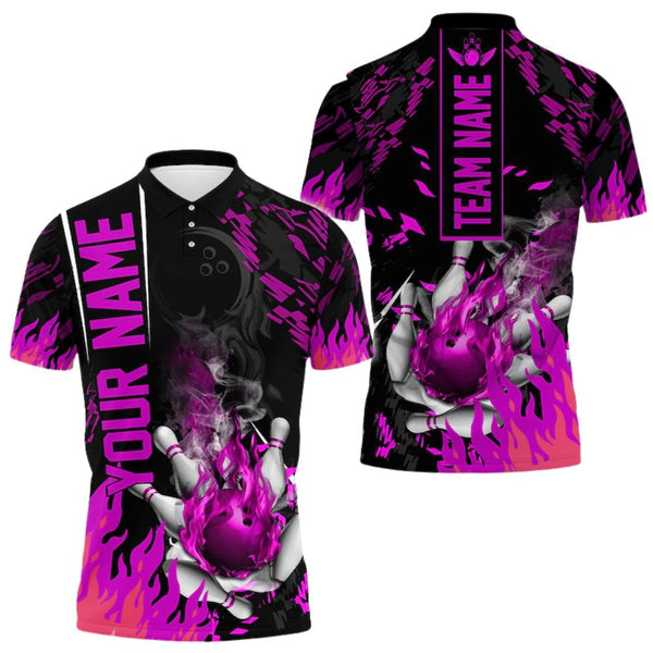 Custom Purple Flame Bowling Men Polo Shirt, Custom Flame Bowling Team Shirts BE0103