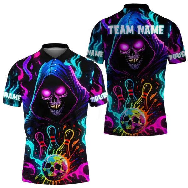 Custom Skull Neon Colorful Bowling Polo Shirt Mens, Custom Skull Bowling Team Shirts BE0104