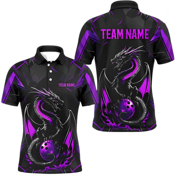 Custom Black Purple Dragon Bowling Men Polo Shirt, Custom Dragon Bowling Team Shirts BE0106