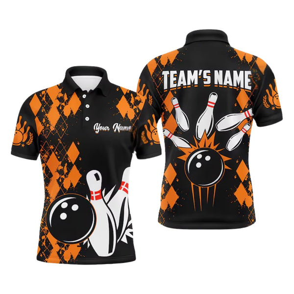 Custom Black Orange Argyle Bowling Polo Shirt For Men, Custom Bowling Team Shirts BE0108