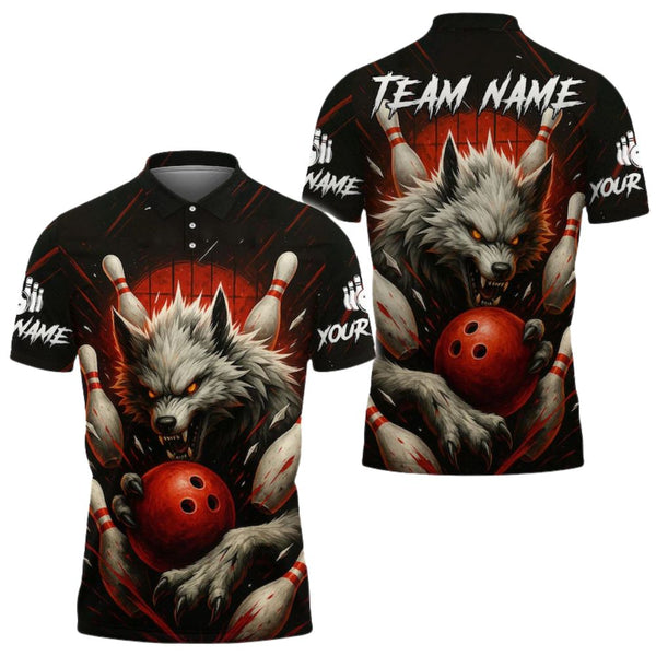 Custom Black Red Wolf Bowling Polo Shirt Mens, Custom Wolf Bowling Shirts BE0109