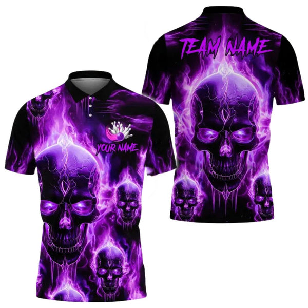 Custom Purple Skull Bowling Men Polo Shirt, Custom Flame Skull Bowling Team Shirts BE0110