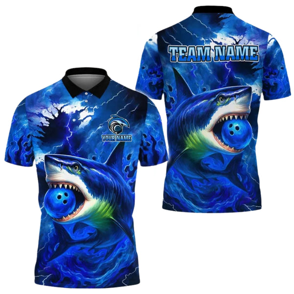 Custom Blue Shark Bowling Polo Shirt For Men, Custom Shark Bowling Team Shirts BE0111