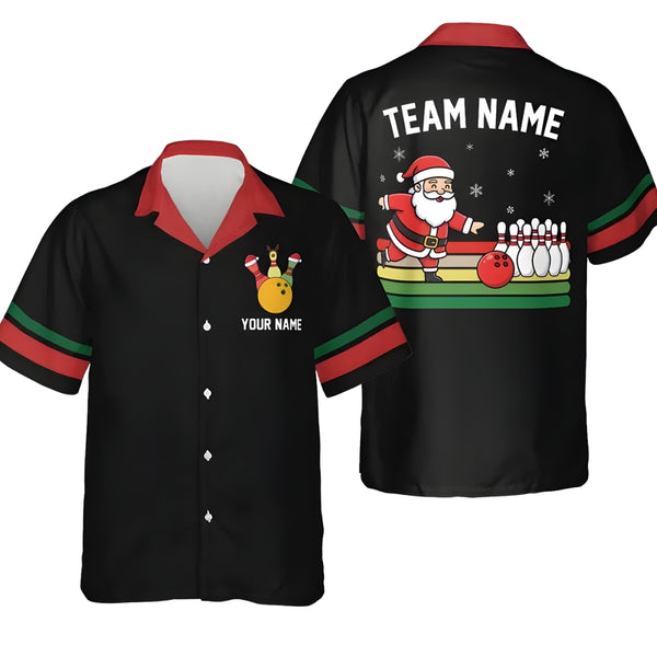 Custom Santa Christmas Bowling Hawaiian Shirt For Men And Women, Custom Christmas Bowling Team Shirts BE0113