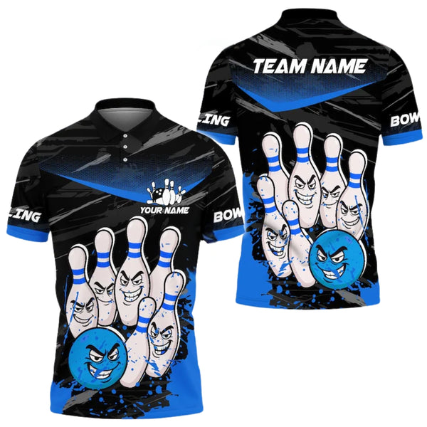 Angry Ball vs Screaming Pins Custom Blue Bowling Polo Shirt For Mens, Custom Funny Bowling Team Shirts BE0114