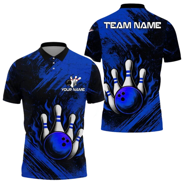 Custom Blue Flame Bowling Men's Polo Shirts, Custom Flame Bowling Shirts For Team BE0118