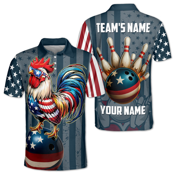 Custom Chicken 4th Of July Bowling Polo Shirt For Men, Custom Patriotic Bowling Team Shirts BM0331