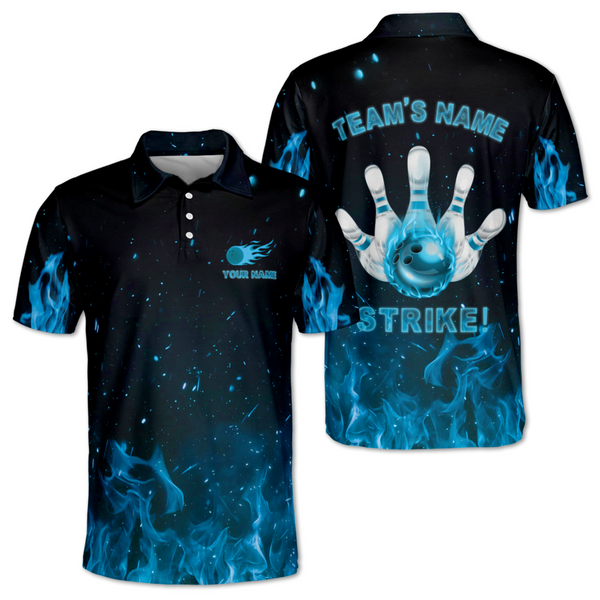 Custom Blue Flame Strike Bowling Polo Shirt For Men, Custom Flame Bowling Team Shirts BM0336